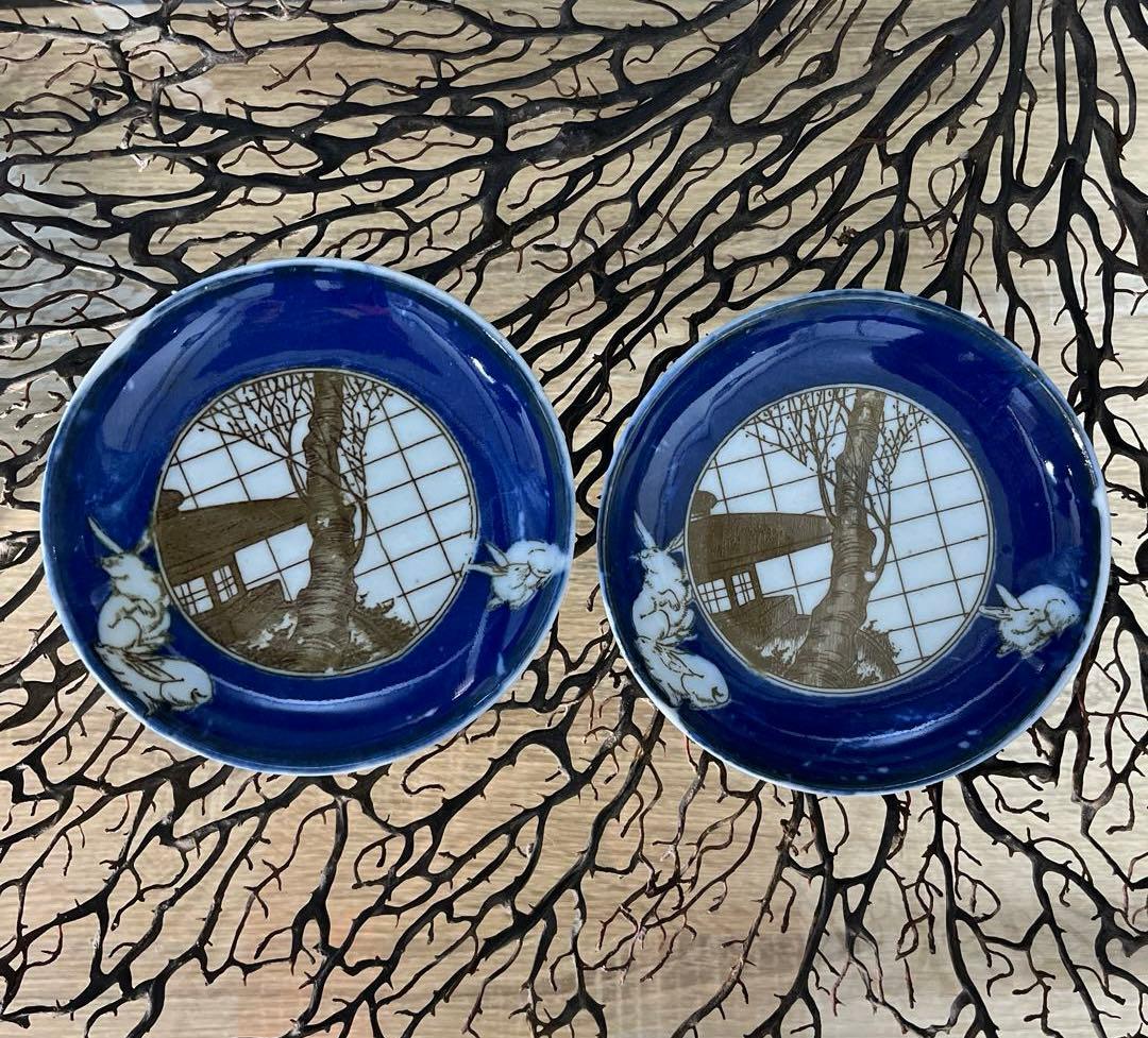 骨董　古伊万里　印判　図変わり印判　石灯籠　桜　３羽兎　円窓　小皿　手塩皿２客