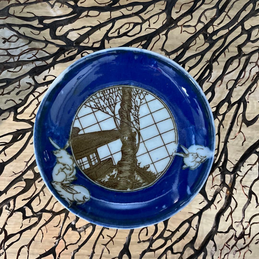 骨董　古伊万里　印判　図変わり印判　石灯籠　桜　３羽兎　円窓　小皿　手塩皿２客