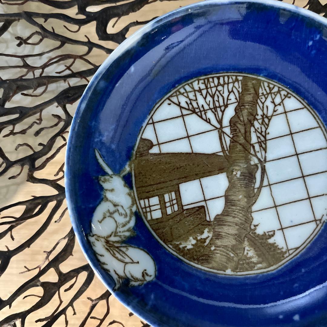 骨董　古伊万里　印判　図変わり印判　石灯籠　桜　３羽兎　円窓　小皿　手塩皿２客