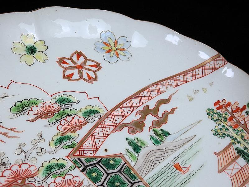 古伊万里　色絵　飛鶴に桜花紋　巻物の図　８寸皿　A571AS-fbku