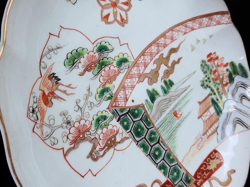 古伊万里　色絵　飛鶴に桜花紋　巻物の図　８寸皿　A571AS-fbku