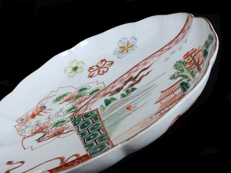 古伊万里　色絵　飛鶴に桜花紋　巻物の図　８寸皿　A571AS-fbku