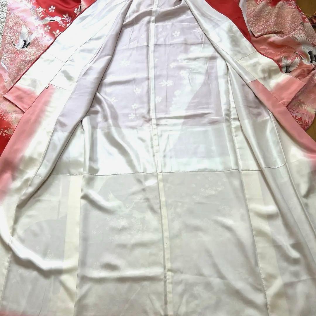 縁起の良い吉祥紋様、振袖フルセット 上品　ローズピンク　鶴　桜観世水　金コマ刺繍