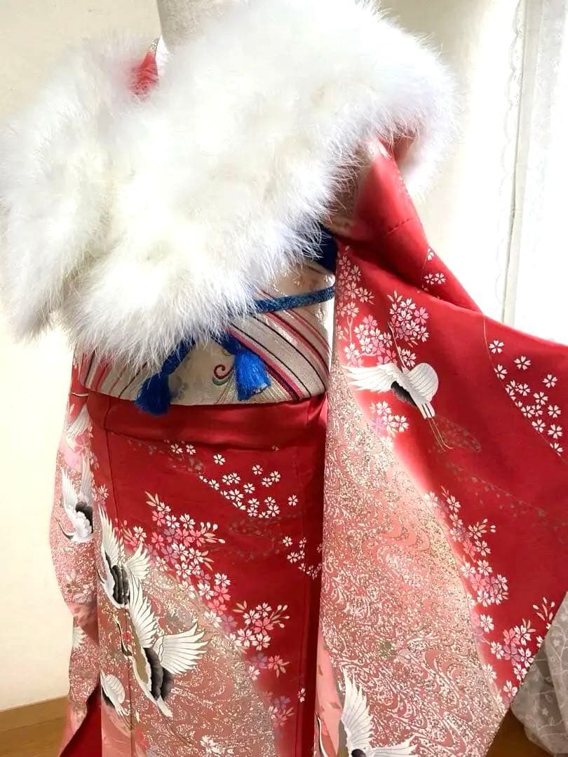 縁起の良い吉祥紋様、振袖フルセット 上品　ローズピンク　鶴　桜観世水　金コマ刺繍