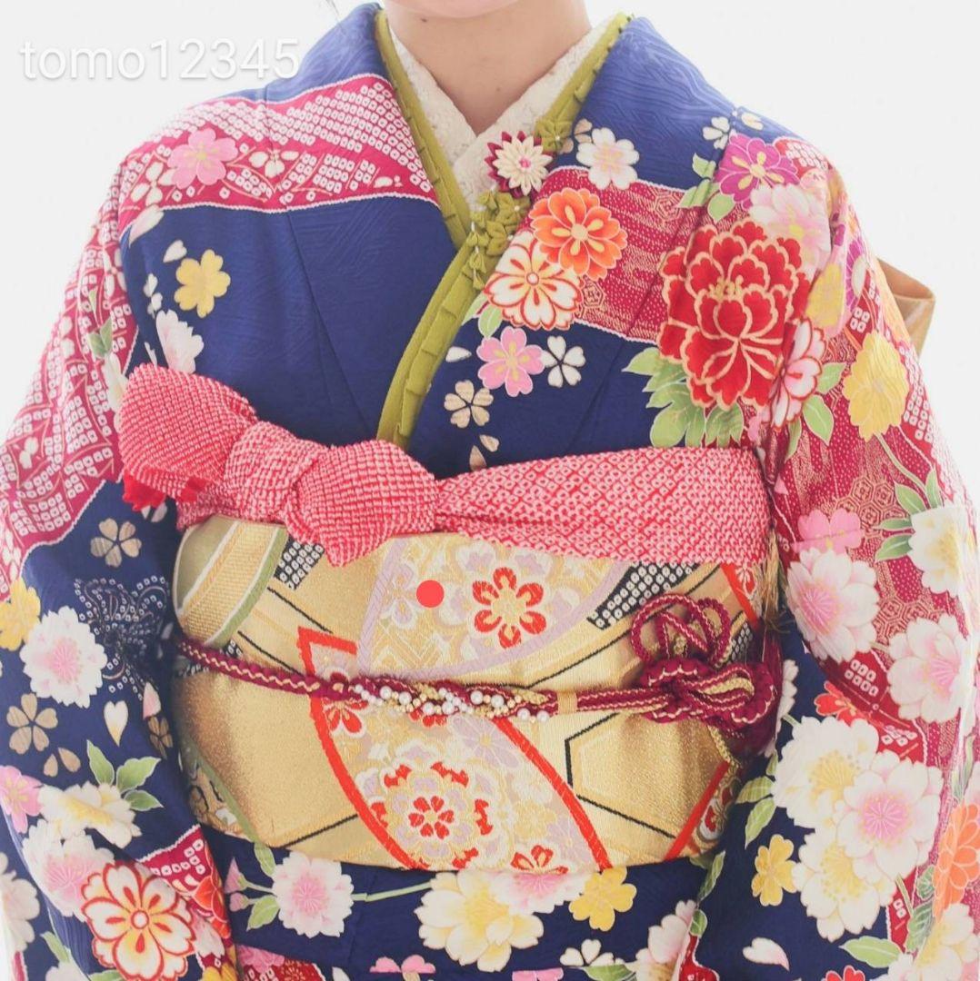 振袖フルセット　成人式前撮り卒業式　紺色桜菊牡丹鞠古典柄　振袖一式　正絹