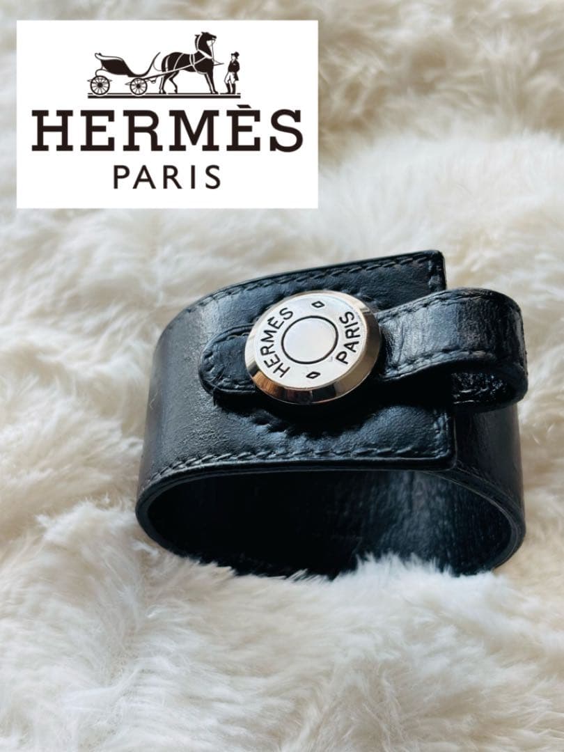HERMES エルメス セリエ ブラック 黒 レザー 革 バングル メタル