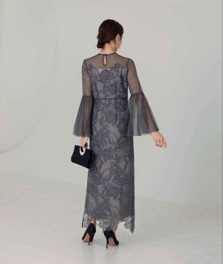 【試着のみ】Leja シアー刺繍レースプリーツIラインロングワンピースドレス