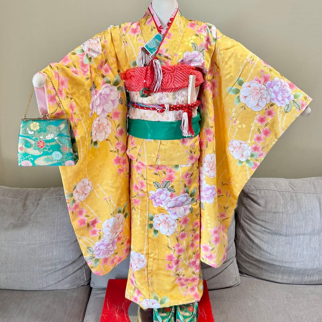 7歳七五三セット　黄色系着物　草履バッグ付き