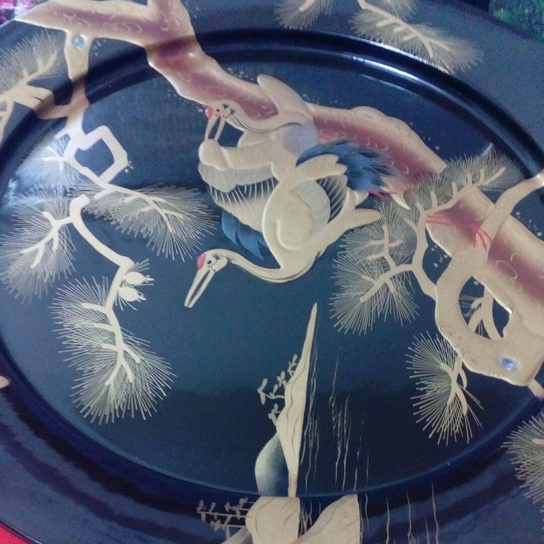 時代本金厚盛蒔絵黒漆塗４３センチサイズ時代木製蒔絵盆縁に傷跡部分有り当時物