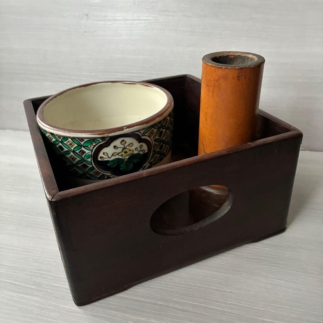 煙草盆　茶道具　九谷焼　陶器　角福　青手　灰入れ　竹灰吹　木箱　年代物　古道具