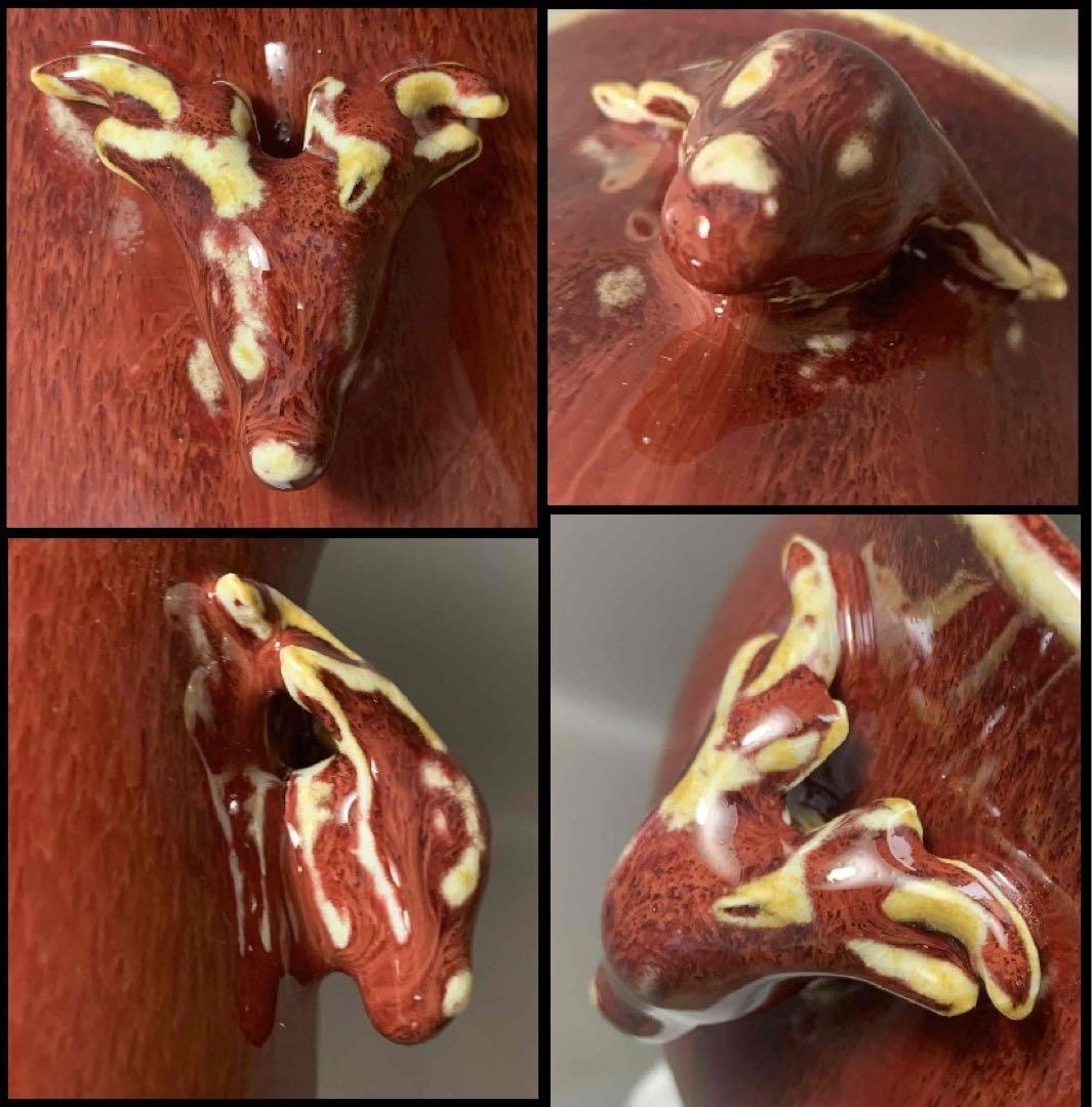中国 紅釉羊耳付壺　f2250914
