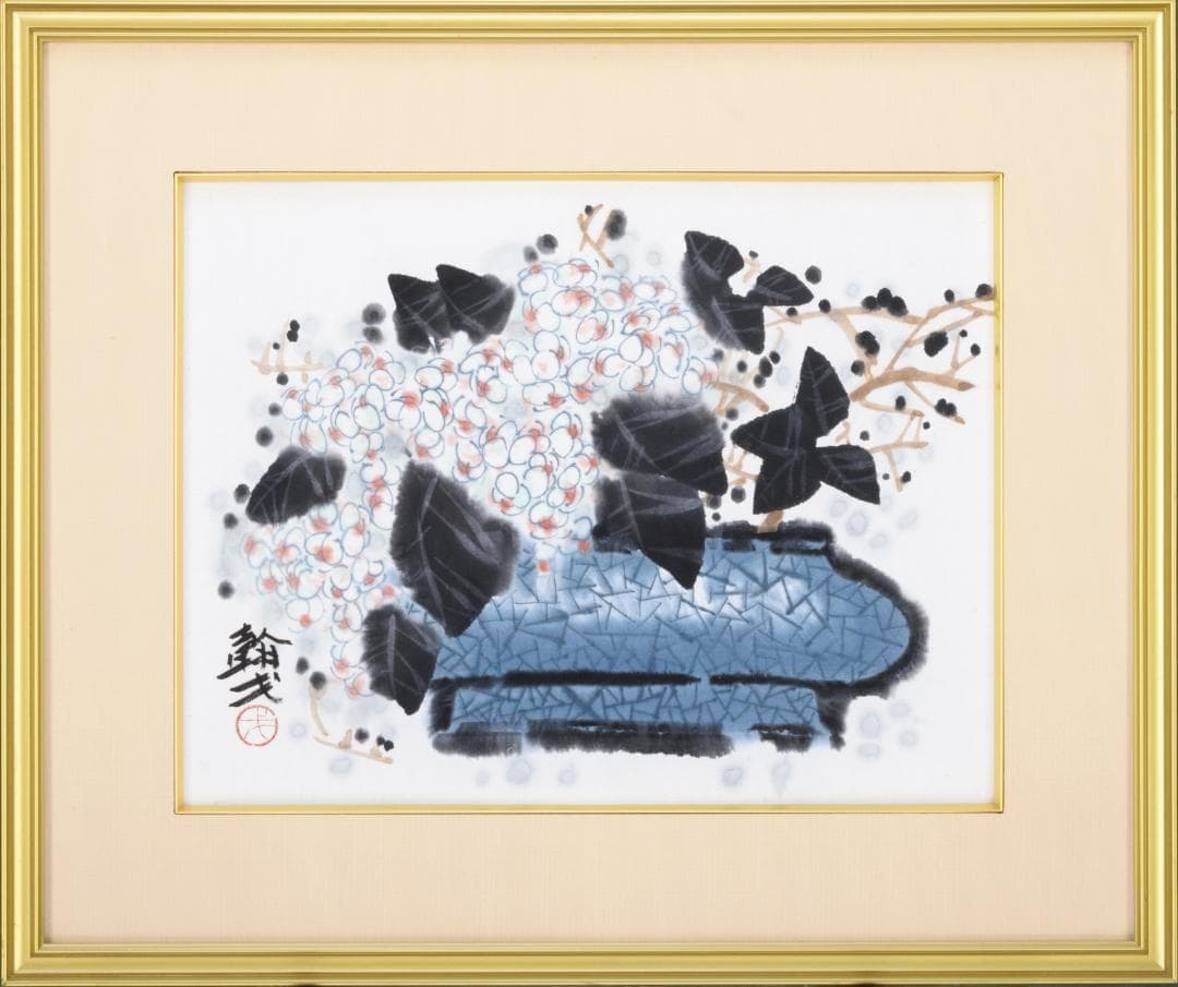 6号相当　肉筆水彩日本画　『花瓶の花』　木製額縁付属　外寸約570×480mm