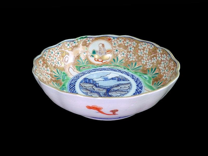 古伊万里　金襴手　桜花に春駒の図　膾皿　２客　F026AS-CVl