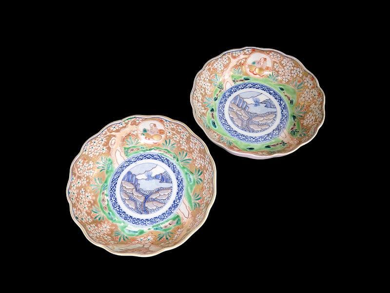 古伊万里　金襴手　桜花に春駒の図　膾皿　２客　F026AS-CVl