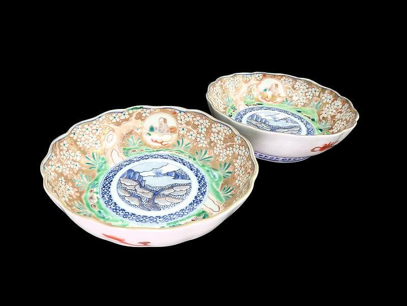 古伊万里　金襴手　桜花に春駒の図　膾皿　２客　F026AS-CVl