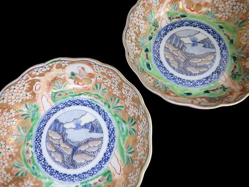 古伊万里　金襴手　桜花に春駒の図　膾皿　２客　F026AS-CVl