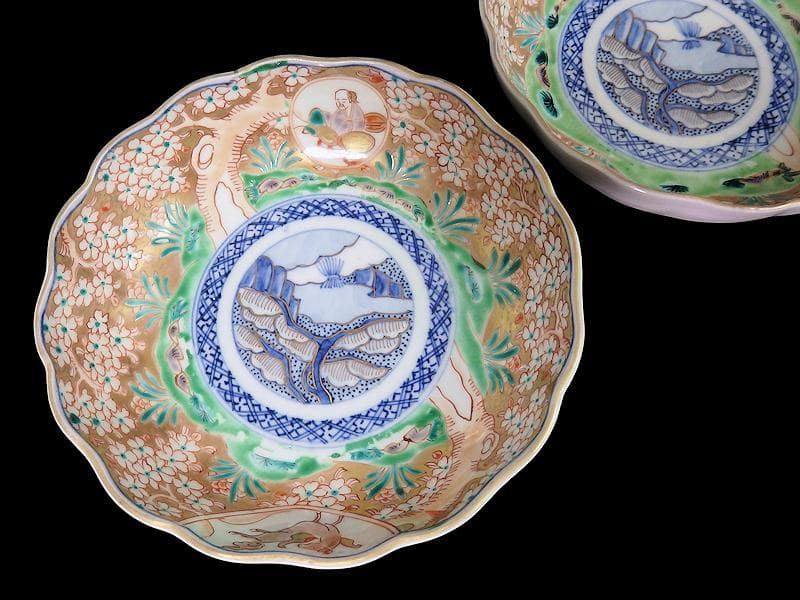 古伊万里　金襴手　桜花に春駒の図　膾皿　２客　F026AS-CVl