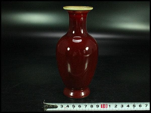 中国美術 赤い 花瓶 高16.5cm(K-YC475)