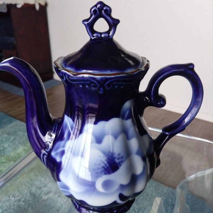 昭和レトロ⭐︎瑠璃色花模様のティーセット5点⭐︎新品未使用⭐︎手描きビンテージ