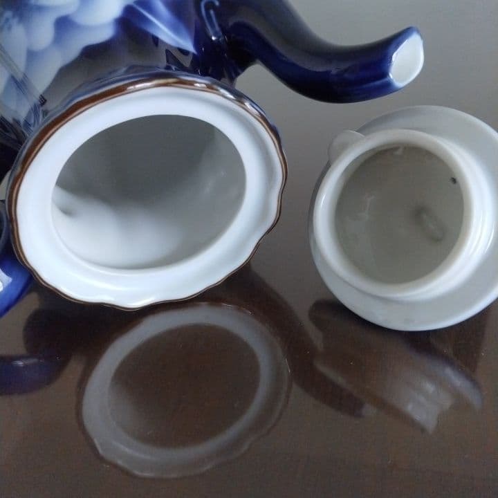 昭和レトロ⭐︎瑠璃色花模様のティーセット5点⭐︎新品未使用⭐︎手描きビンテージ