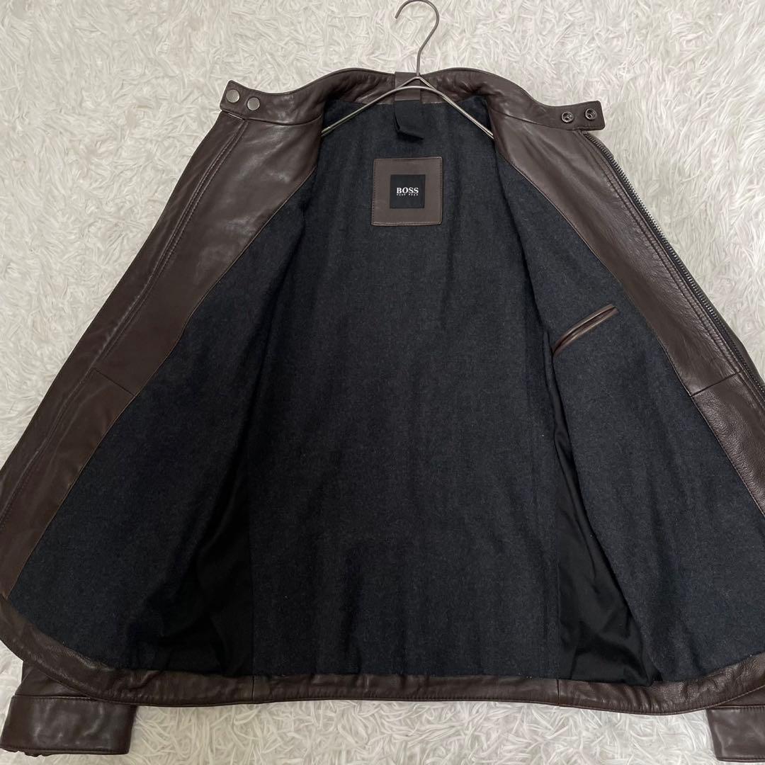 極美品 ヒューゴボス シングルライダースジャケット ブラウン 48 XL