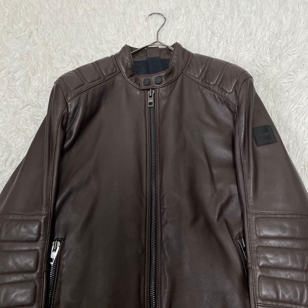 極美品 ヒューゴボス シングルライダースジャケット ブラウン 48 XL