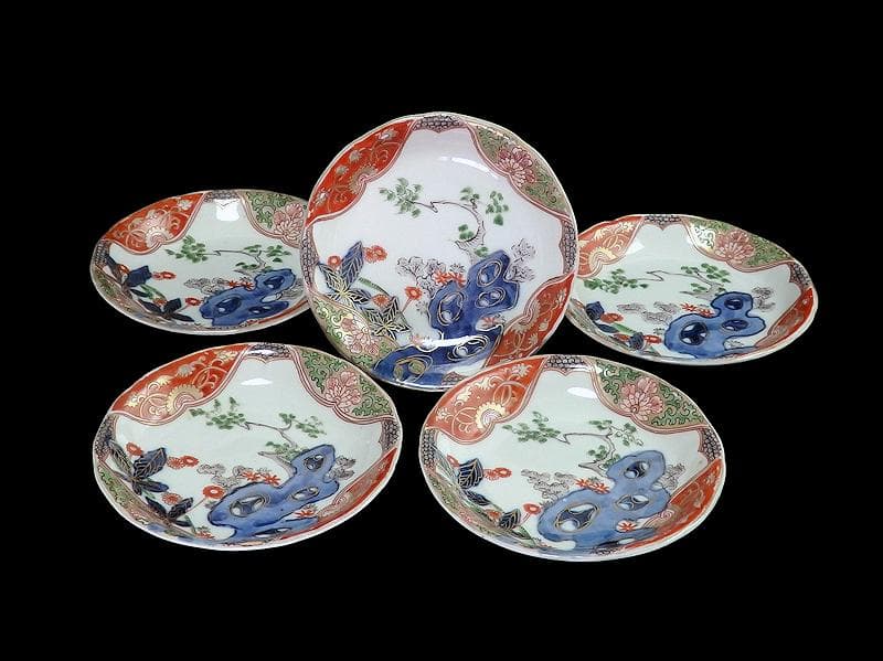 古伊万里　金襴手　岩に花の図　４寸皿　５枚　D467AS-CVt