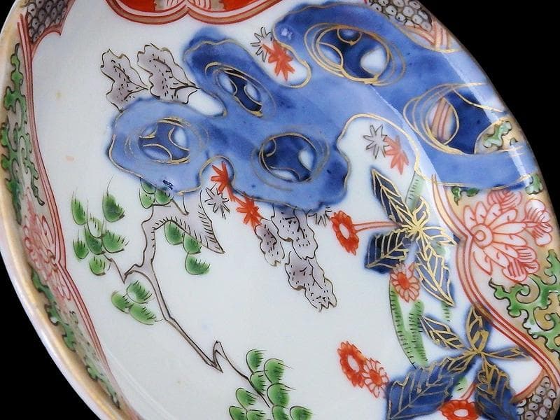 古伊万里　金襴手　岩に花の図　４寸皿　５枚　D467AS-CVt