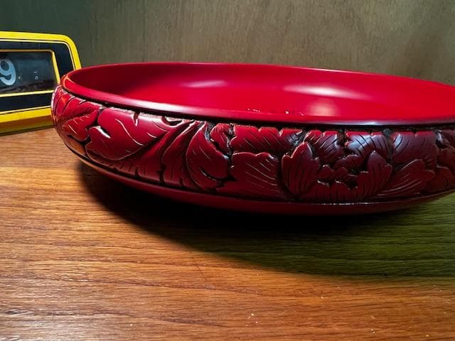 未使用 村上堆朱 菓子器 牌丹彫刻 木箱入り 伝統工芸 漆器