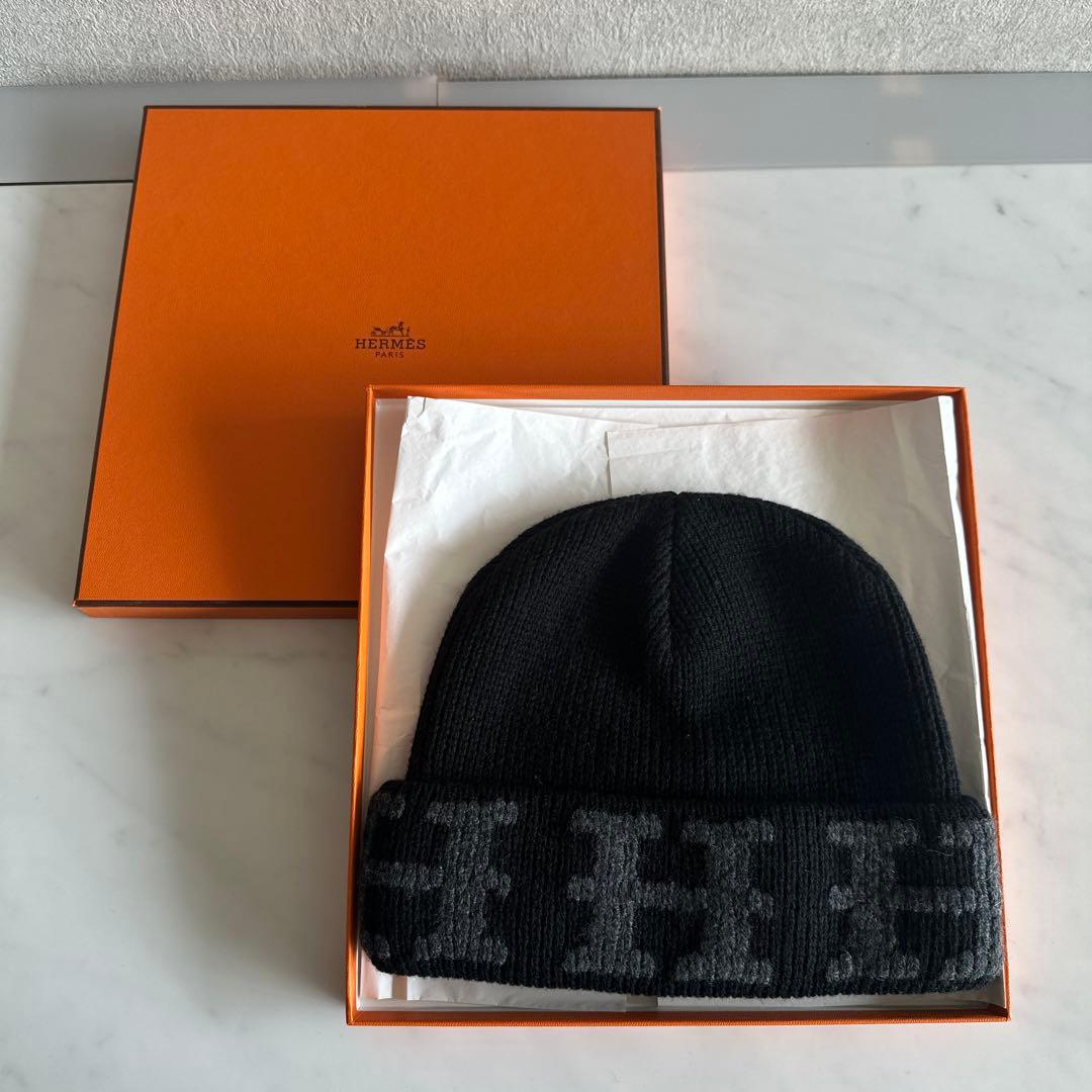 【みい様限定】HERMES カシミア　ニット帽 ブラック・グレー ME