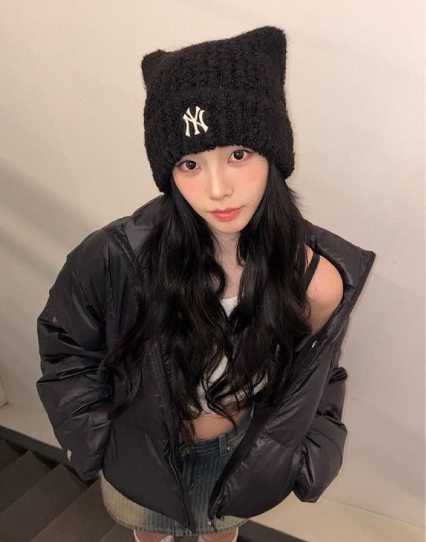 【新品未開封】MLB Korea 猫耳ニット帽 黒 カリナ着用モデル（韓国限定）