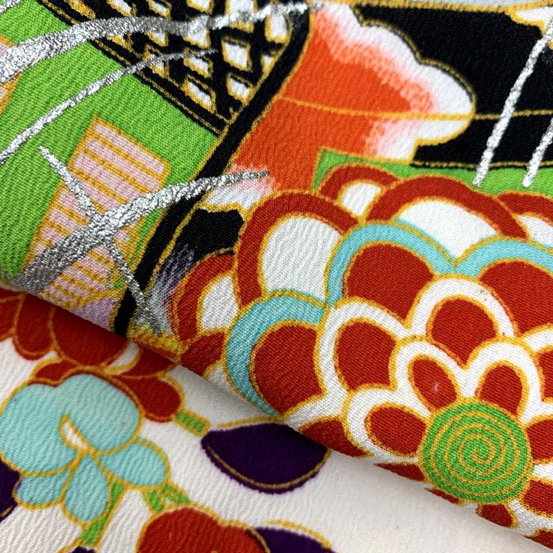 510ag63□七五三 三歳 アンティーク 着物&被布 銀彩 御所車□状態良好