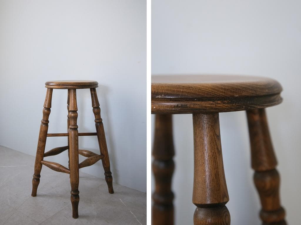 英国アンティーク木製スツール/丸椅子イス/踏み台/腰掛け/飾り棚(92-196)