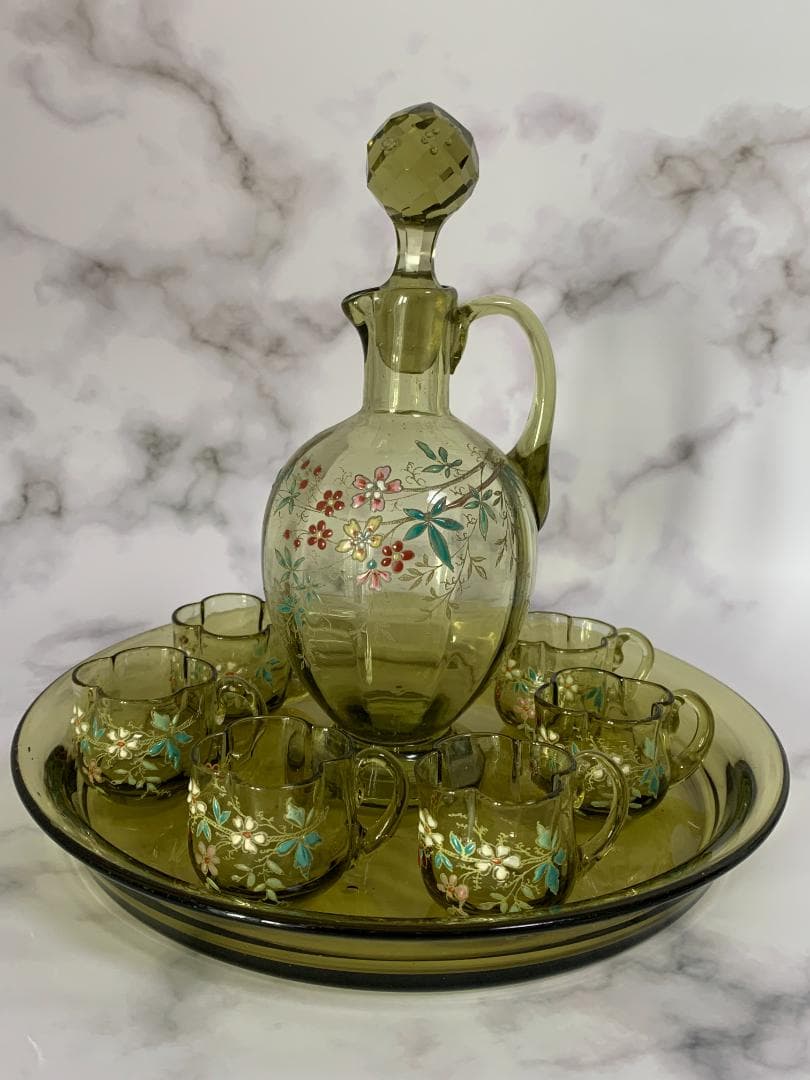 ✨特別価格✨エナメル絵吹きガラスカラフェ・リキュールグラスセットアンティーク