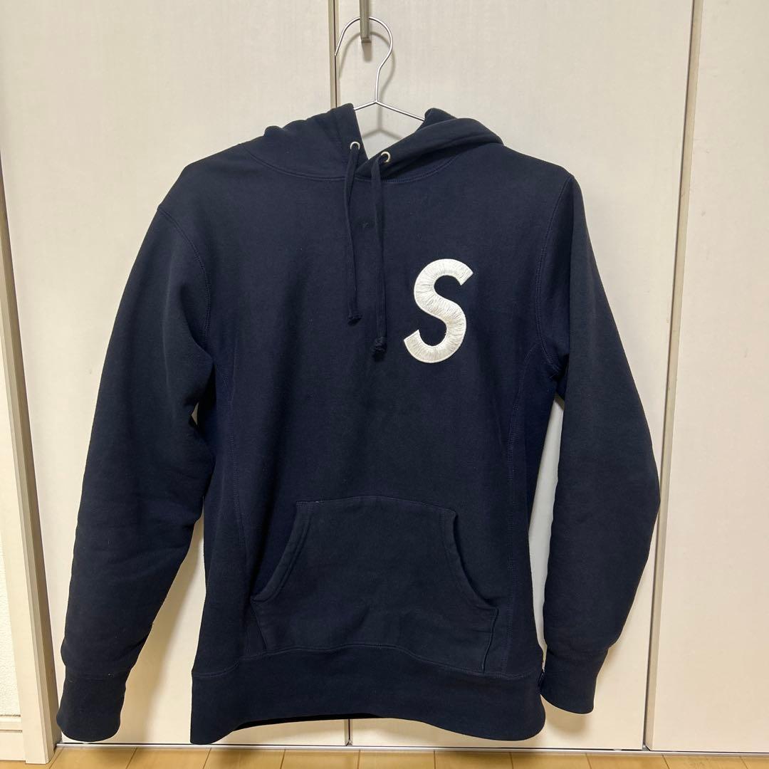 Supreme フード付きパーカー ネイビー Sロゴ