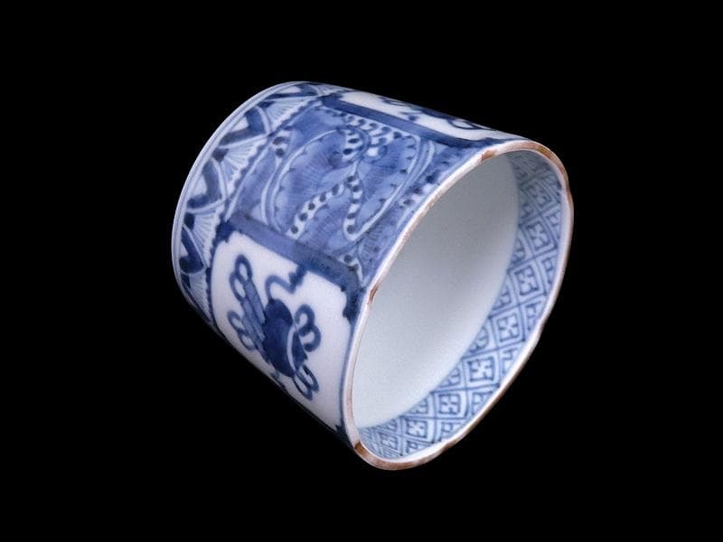 古伊万里　染付　窓絵　宝珠に宝巻の図　蕎麦猪口　D560AS-CYj