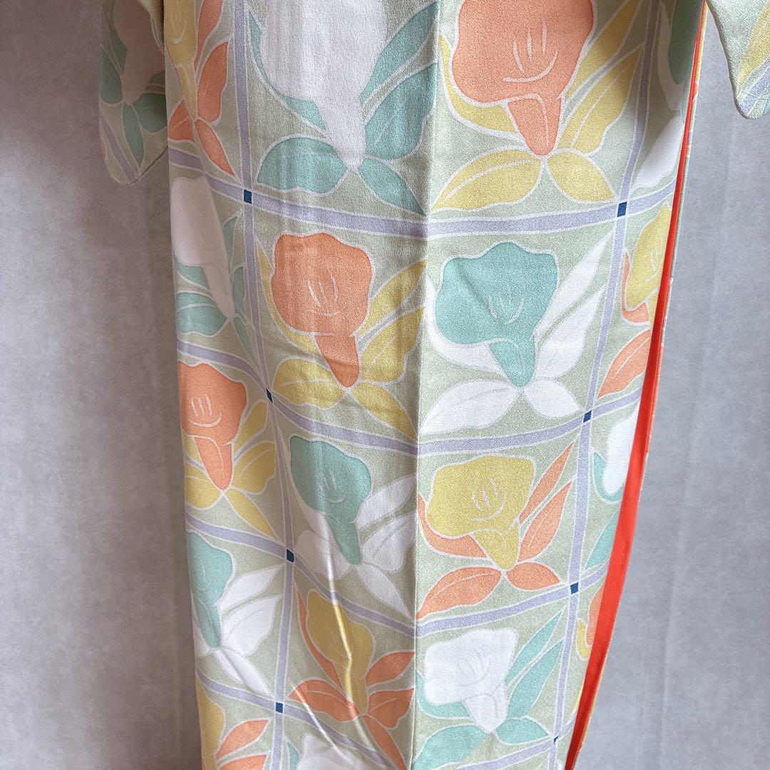 小紋　フルセット　着物　正絹　パステルカラー　紬の帯　しつけ付き　普段着物　J6