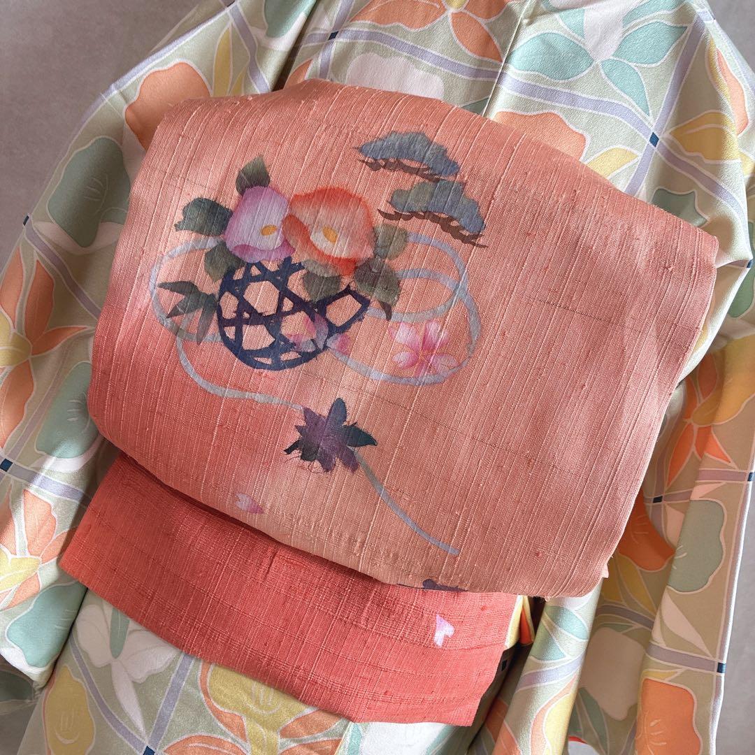 小紋　フルセット　着物　正絹　パステルカラー　紬の帯　しつけ付き　普段着物　J6