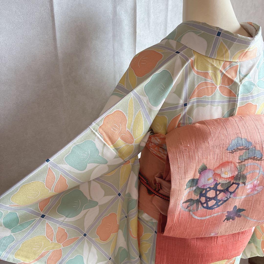 小紋　フルセット　着物　正絹　パステルカラー　紬の帯　しつけ付き　普段着物　J6