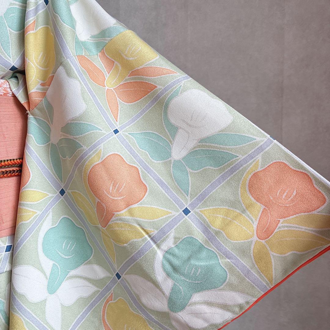 小紋　フルセット　着物　正絹　パステルカラー　紬の帯　しつけ付き　普段着物　J6