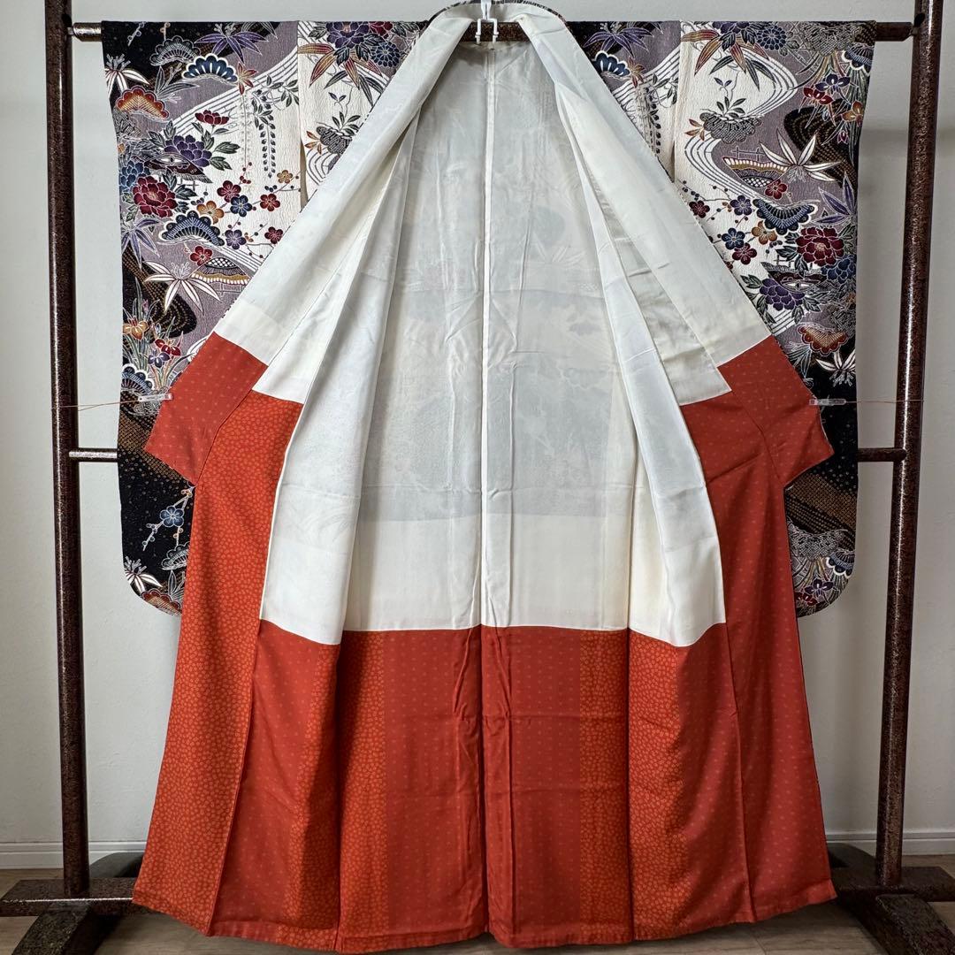 超美品　袷　広襟　振袖　現代　振袖　成人式　着物　166　現代　ふくれ織　黒　白