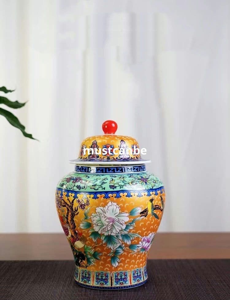 琺瑯彩富貴花鳥将軍壺 茶壺 防潮物壺景徳鎮 陶磁器 装飾品 工芸品 置物