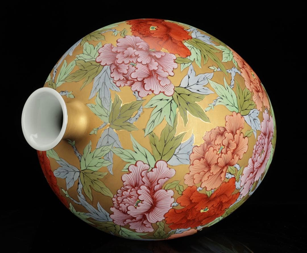 時代物 肥前 有田焼 金濃色絵牡丹文 花瓶 飾壺 骨董 古美術 在銘 高さ42㎝