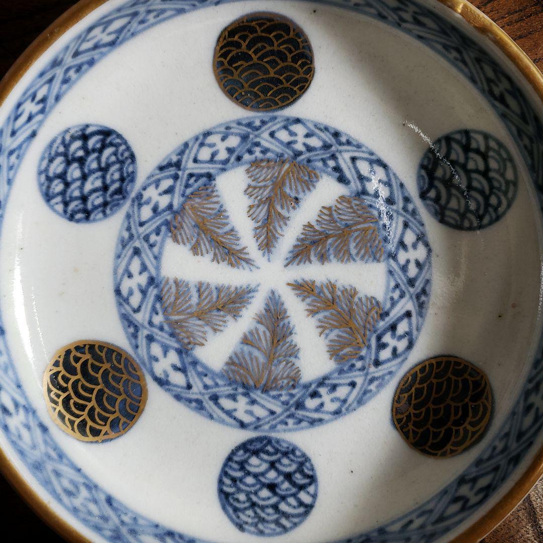 小皿 古伊万里 明治 丸窓 ようらく 四方襷文様 大明嘉清年製 ロ号 欠け