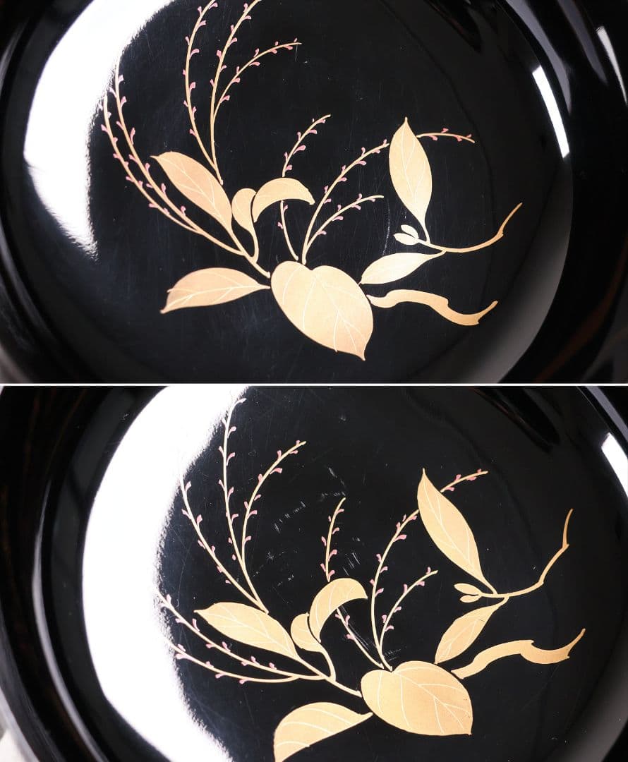 【MB190】天然木漆塗 紫陽花と葵 金蒔絵 螺鈿入 黒塗 煮物椀 五客 昭和期