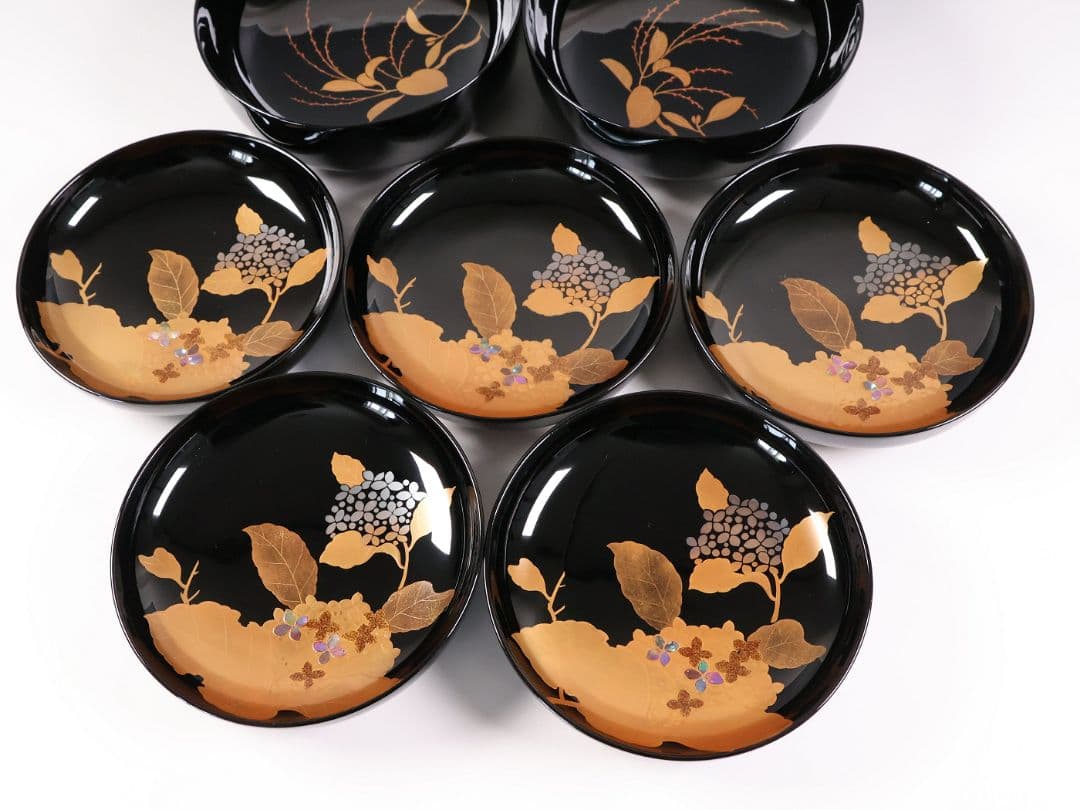 【MB190】天然木漆塗 紫陽花と葵 金蒔絵 螺鈿入 黒塗 煮物椀 五客 昭和期