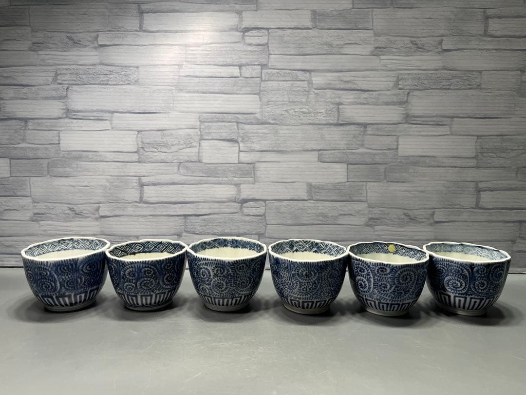 江戸後期　蛸唐草文　染付　輪花　そば猪口　向付　6客