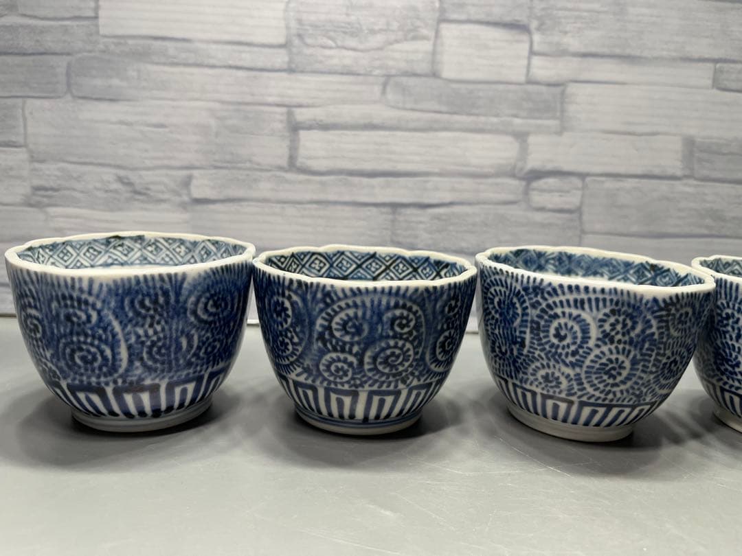 江戸後期　蛸唐草文　染付　輪花　そば猪口　向付　6客