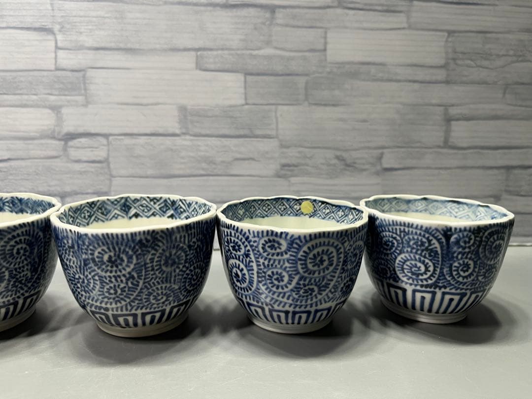 江戸後期　蛸唐草文　染付　輪花　そば猪口　向付　6客