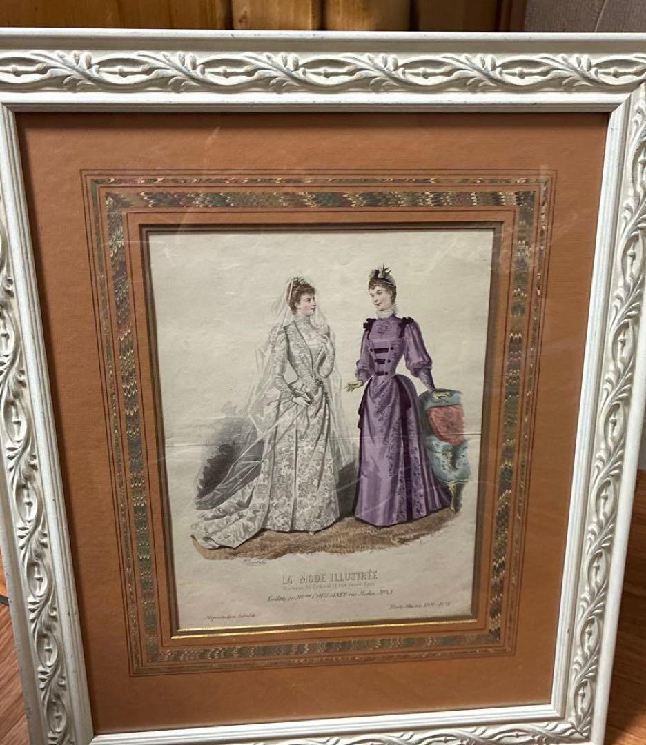 フランスアンティーク貴婦人版画　マーブル額装　最大サイズ